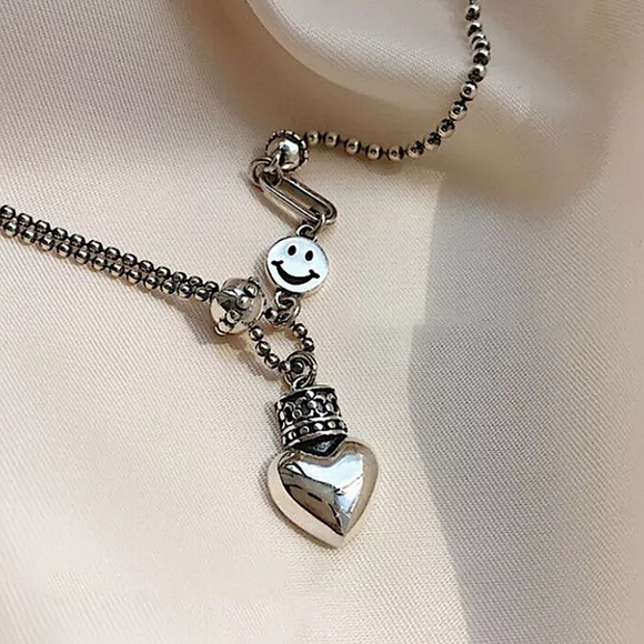 Sterling Silver Happy Face Heart Charm Charm Pendant Necklace - Picture 9 of 11